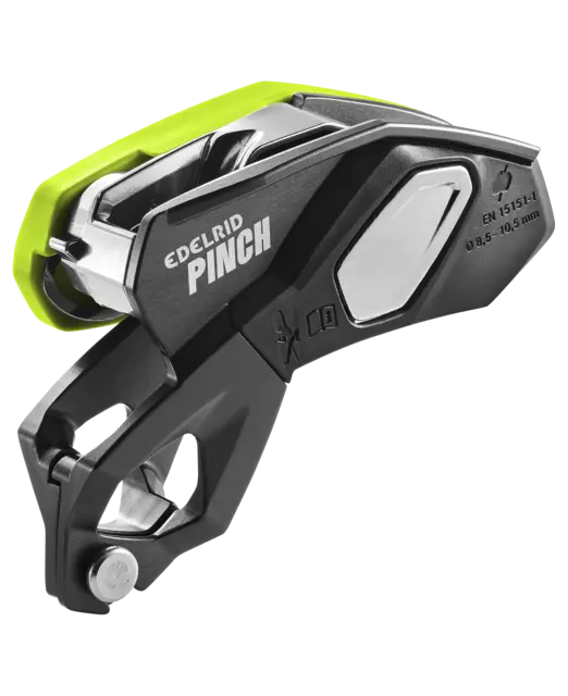 Edelrid Pinch assisted-braking belay device with direct harness connection, side view