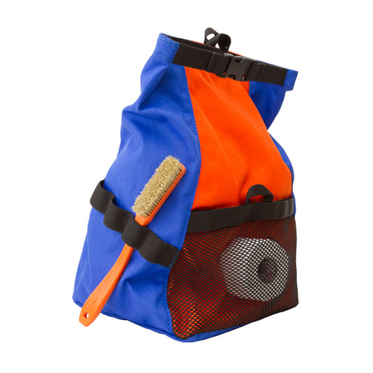 Metolius Chalk n'roll chalk bucket, with pouch and brush holder in use
