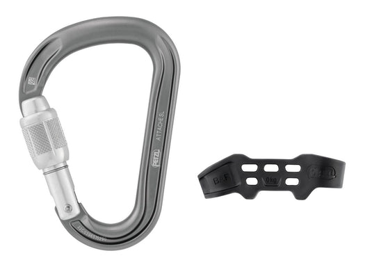 Grey Petzl Attache Bar Carabiner, sowing the ATTACHE carabiner separated from its BAR anti cross loading clip