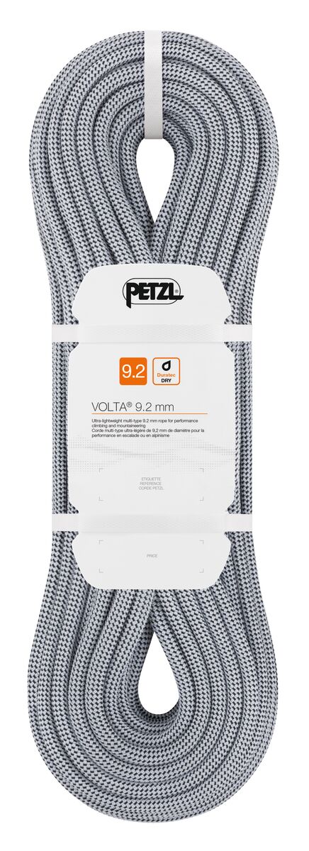 Petzl Volta 9.2mm dry-treated climbing rope, grey, front view