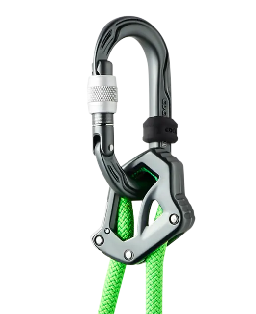 Edelrid Switch Adjust Personal Lanyard, close up of included carabiner