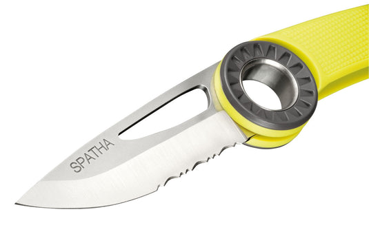 Petzl Spatha folding rope knife with carabiner hole, yellow, open close up