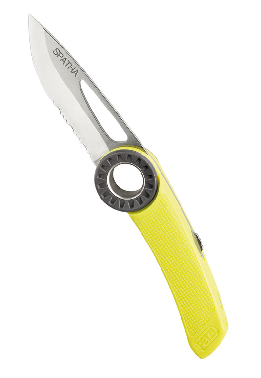 Petzl Spatha folding rope knife with carabiner hole, yellow, open
