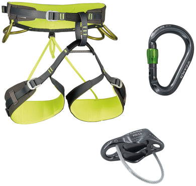 CAMP Energy CR3 Pack climbing starting kit with harness, belay device, and carabiner.