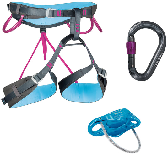 Energy Nova Harness Pack, climbing starting pack with harness, carabiner, and belay device.