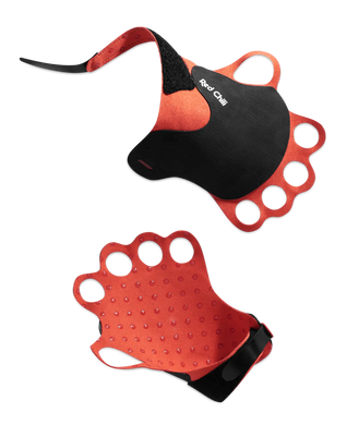 A pair of orange and black crack climbing gloves, showing the rubber exterior and microfiber interior 