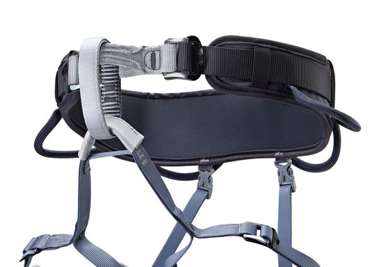 Petzl Corax harness, grey, close up belay loop view