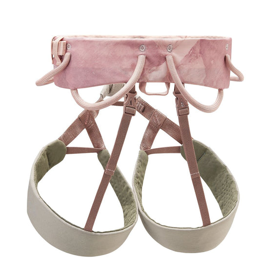 Pink and beige climbing harness on a white background
