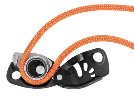 Petzl Neox cam-assisted braking belay device, black, rope loading view