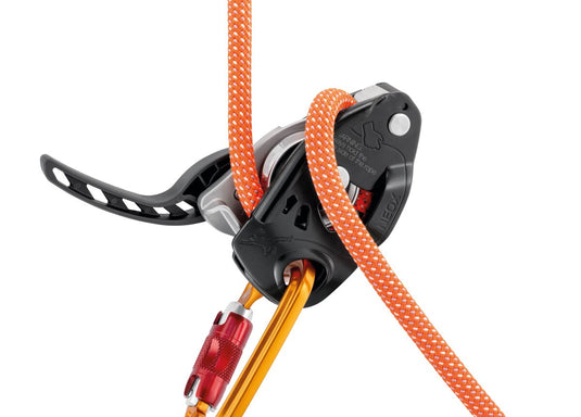 Petzl Neox cam-assisted braking belay device, in-use view