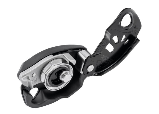 Petzl Neox cam-assisted braking belay device, black, open view