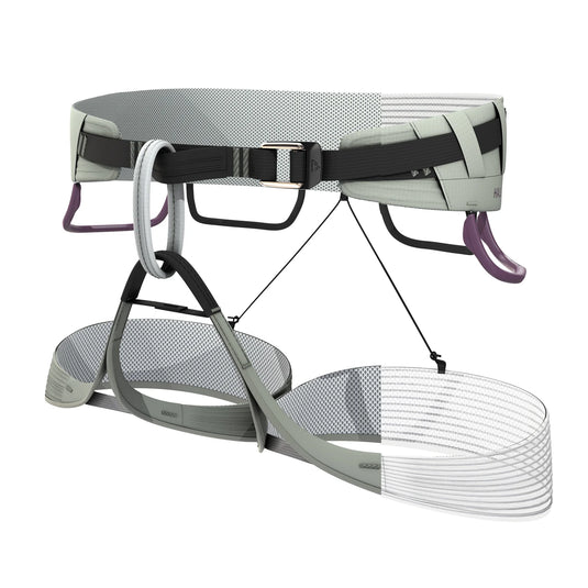 Gray climbing harness with purple accents on a white background