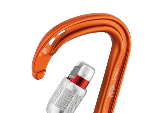 Petzl Rocha compact screwgate carabiner, orange, open closeup