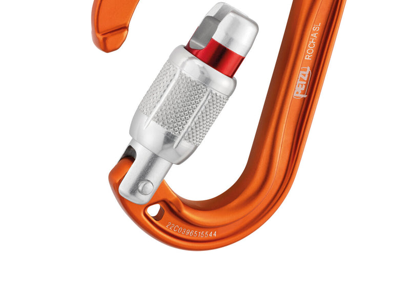 Load image into Gallery viewer, Petzl Rocha compact screwgate carabiner, orange, lower open closeup
