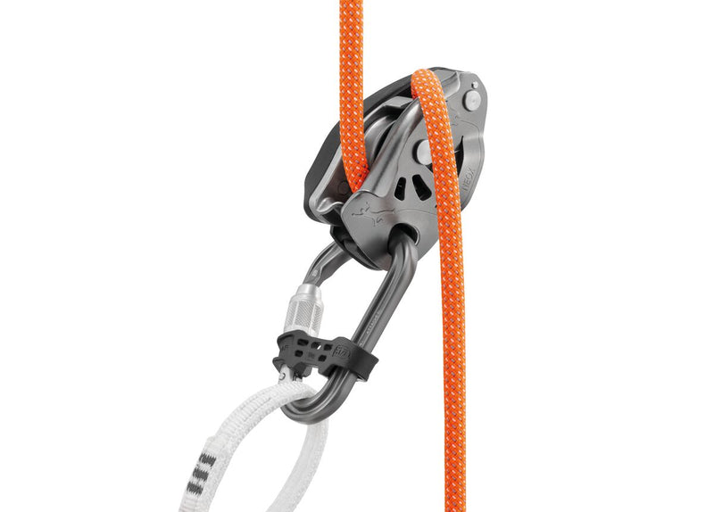 Chargez l&#39;image dans la visionneuse de la galerie, Grey Petzl Attache Bar Carabiner, show attaching a Petzl Neox belay device to a harness 
