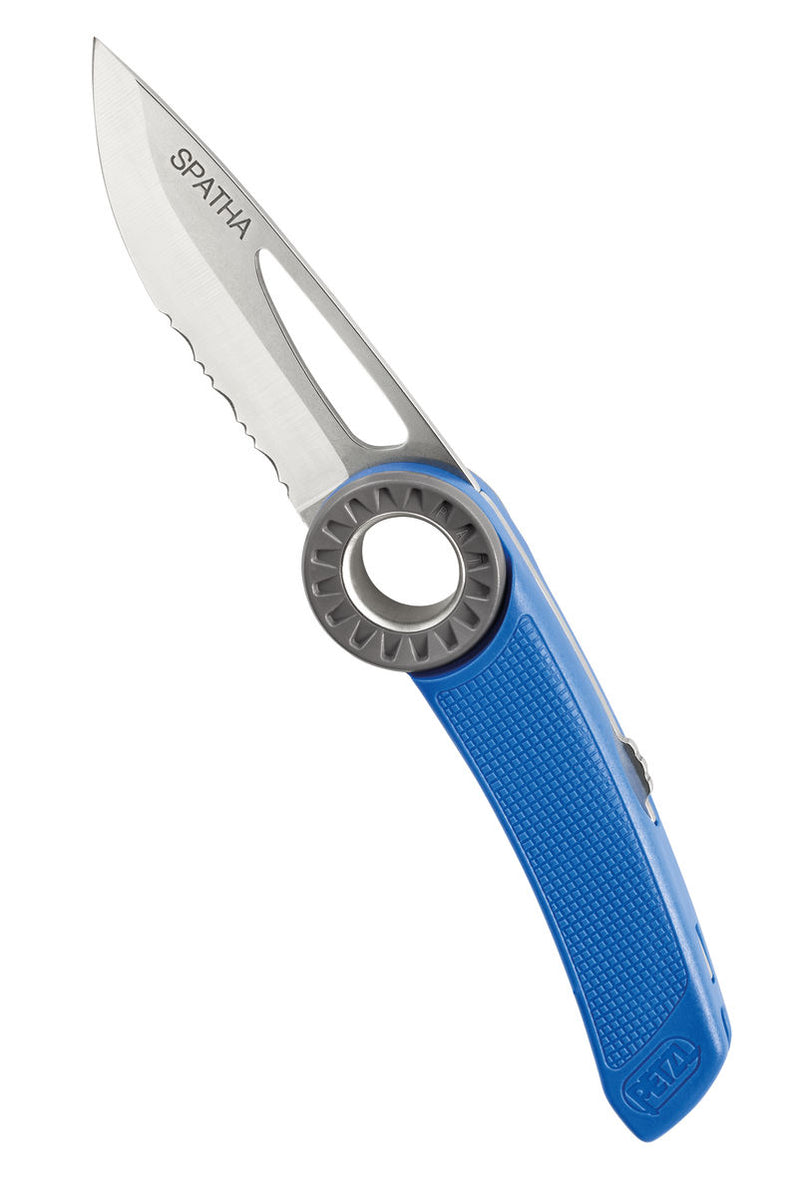 Load image into Gallery viewer, Petzl Spatha folding rope knife with carabiner hole, blue, open
