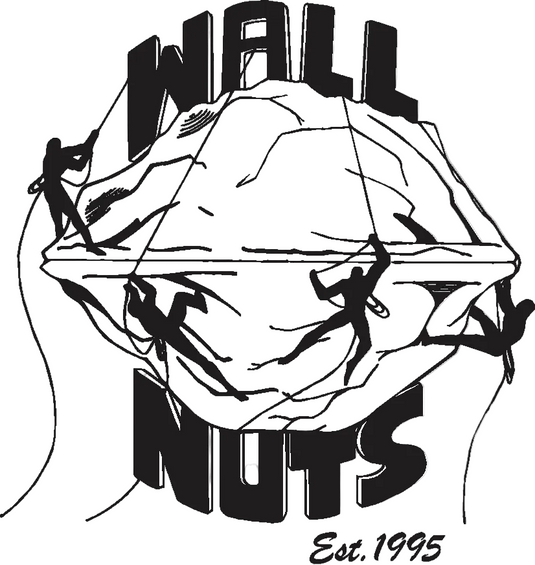 Black and white graphic of people climbing a walnut with 'Wall Nuts' text.