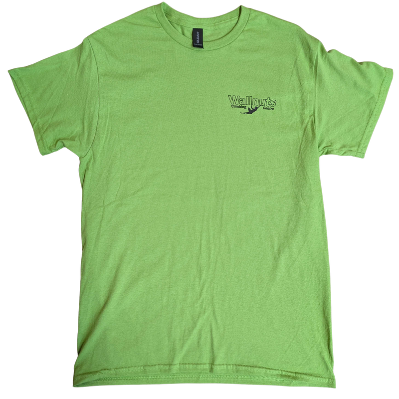 Chargez l&#39;image dans la visionneuse de la galerie, A Green tee shirt with a &#39;wallnuts climbing center&#39; logo on the top left side

