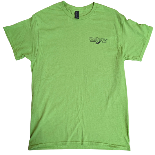 A Green tee shirt with a 'wallnuts climbing center' logo on the top left side