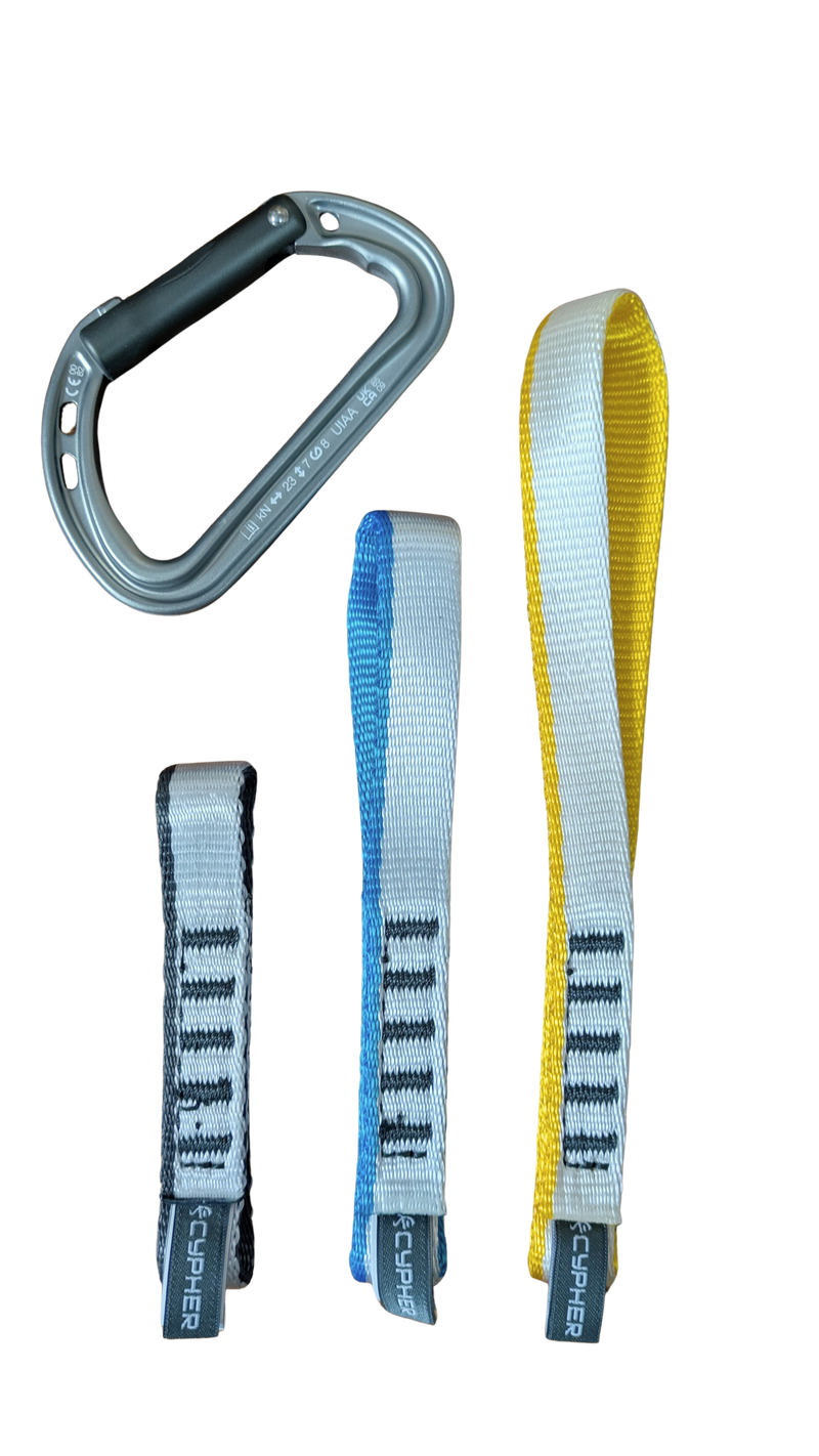 Load image into Gallery viewer, Range of nylon climbing slings with carabiner for scale
