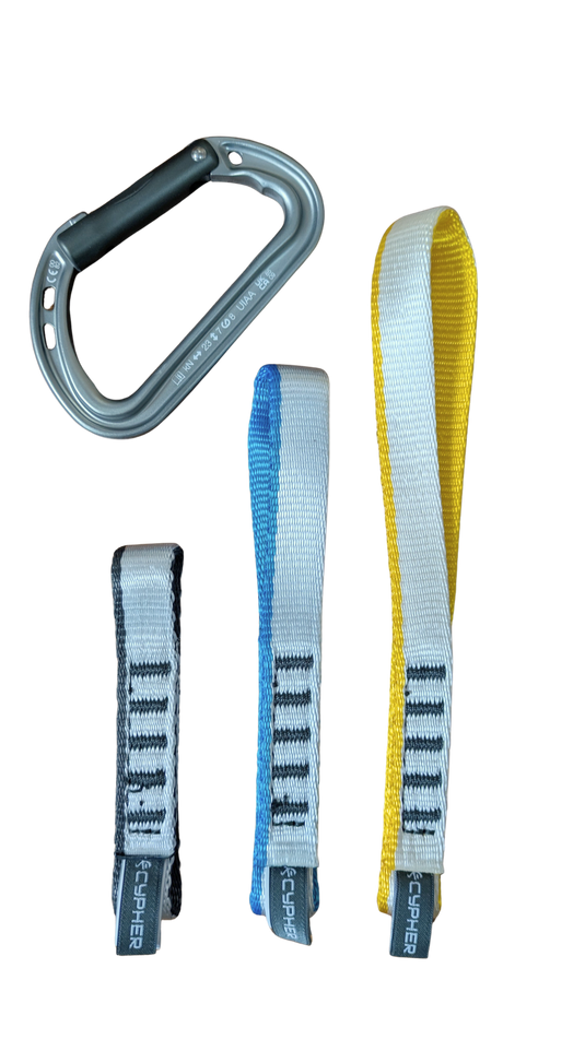 Range of nylon climbing slings with carabiner for scale