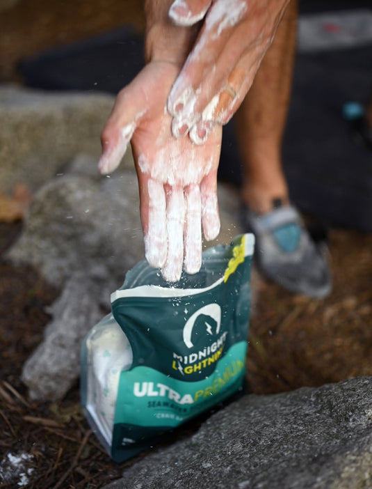 Seawater-sourced eco-friendly climbing chalk, in use
